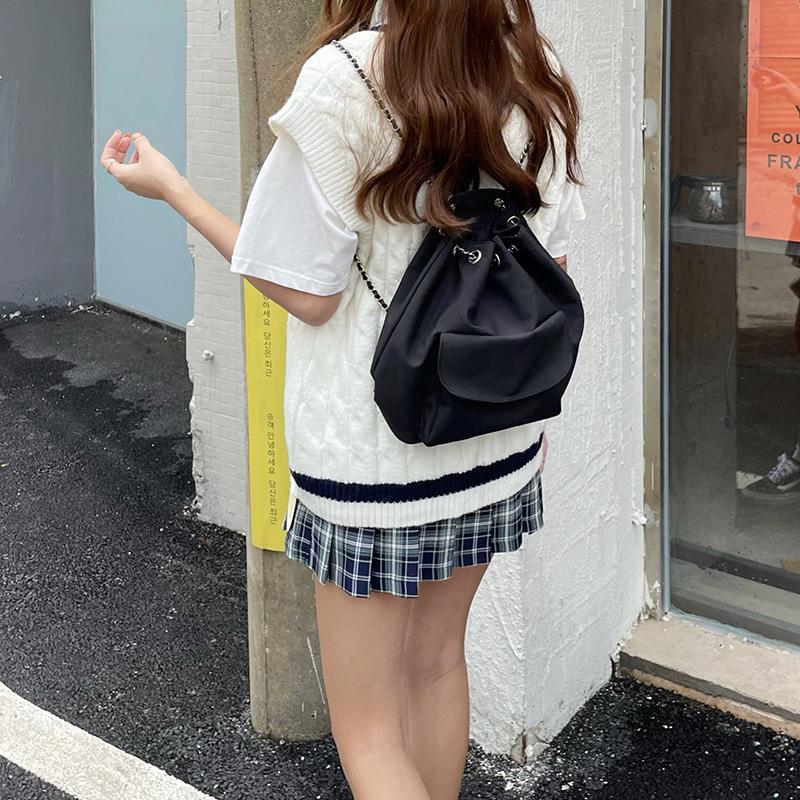 Simple Casual Silk Cloth Black Chain Bucket Bag Korean Style Drawstring Tie Port Da Capacity Commuting Backpack for Women
