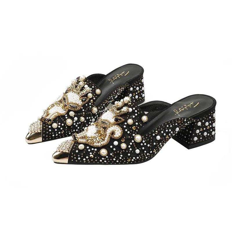 Высококачественные летние женские туфли на высоком каблуке босоножки с вырезами блестящие с жемчугом стразами тапочки-лисички красивые уличный тренд туфли-лодочки 34 чёрный 5490₽