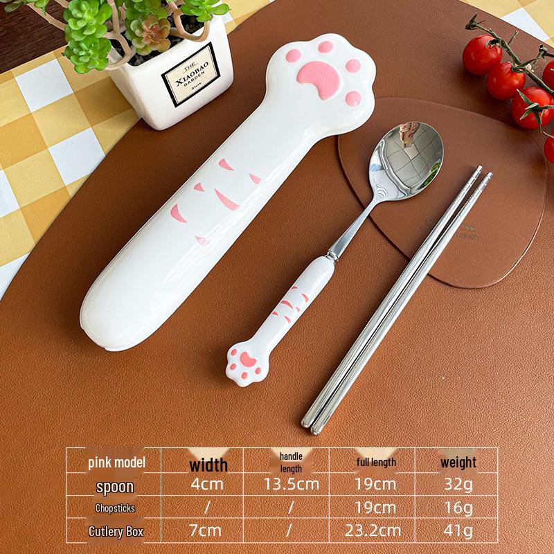 Girly Cat Paw Stainless Steel Cutlery Set - Chopsticks, Fork & Spoon