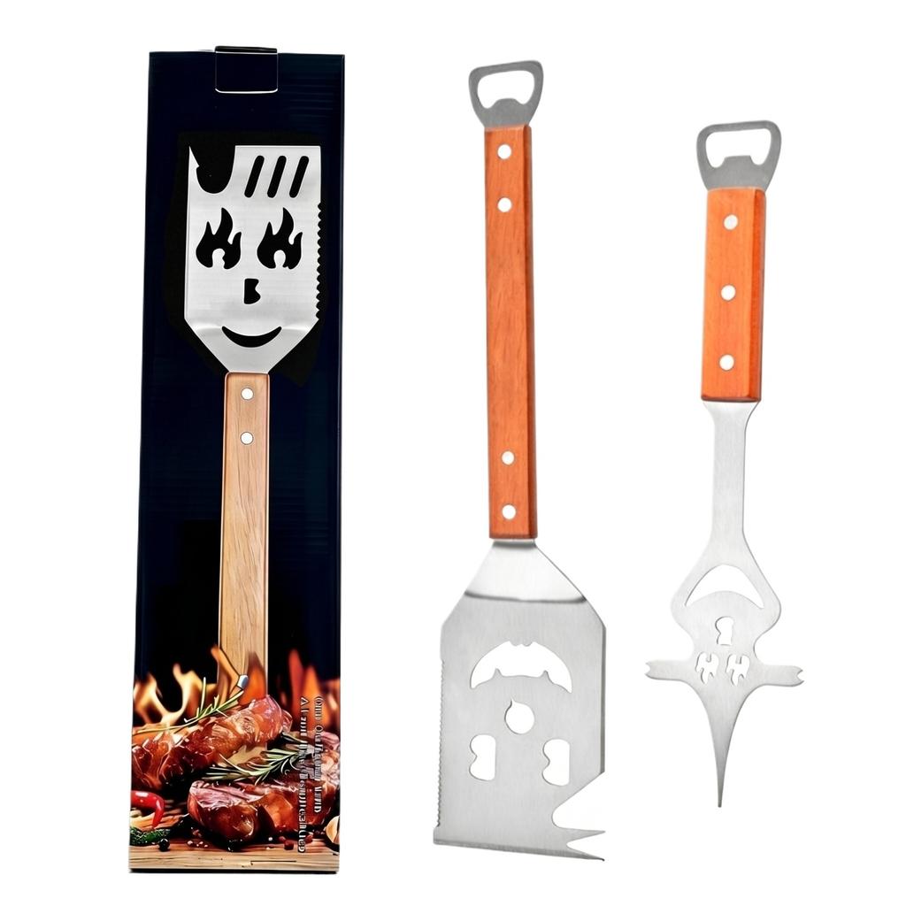 Multi-functional Barbecue Tool Set, Stainless Steel Scraper With Wooden Handle, Fork And Bottle Opener. Barbecue Accessories And Men's Barbecue Gifts.