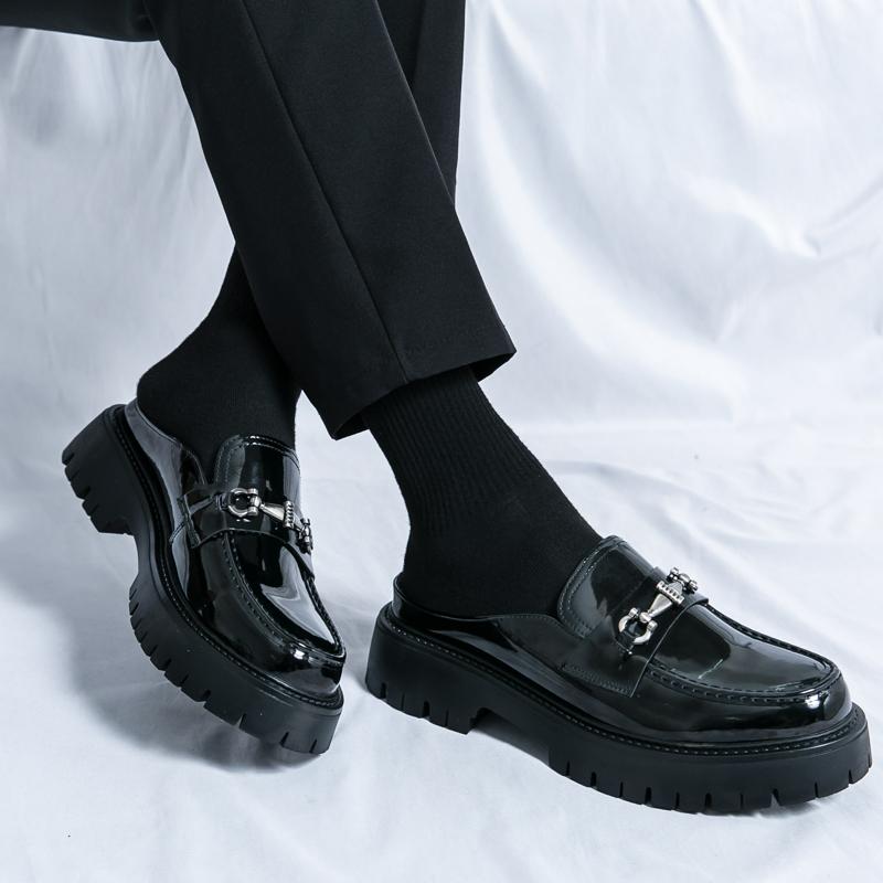 Męskie mokasyny typu mule, skórzane chodaki, buty typu slip-on, codzienne, odkryte, półdrag, buty imprezowe, gruba podeszwa, buty zwiększające wysokość