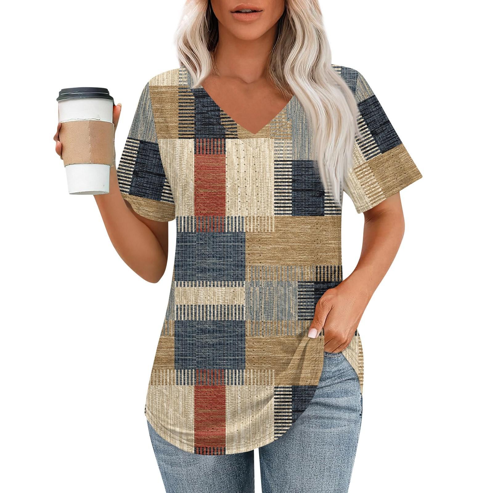 

Женские футболки с V-образным вырезом и коротким рукавом, повседневные топы свободного кроя, базовые футболки с закругленным подолом M хаки