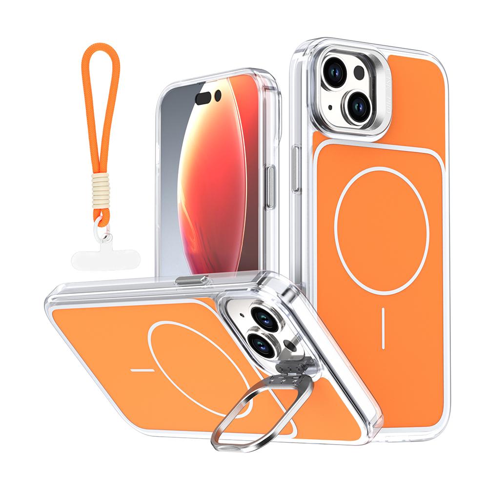 

For iPhone 15 Case Compatible with MagSafe Lens Kickstand TPU Acrylic Phone Cover with Matching Hand Strap