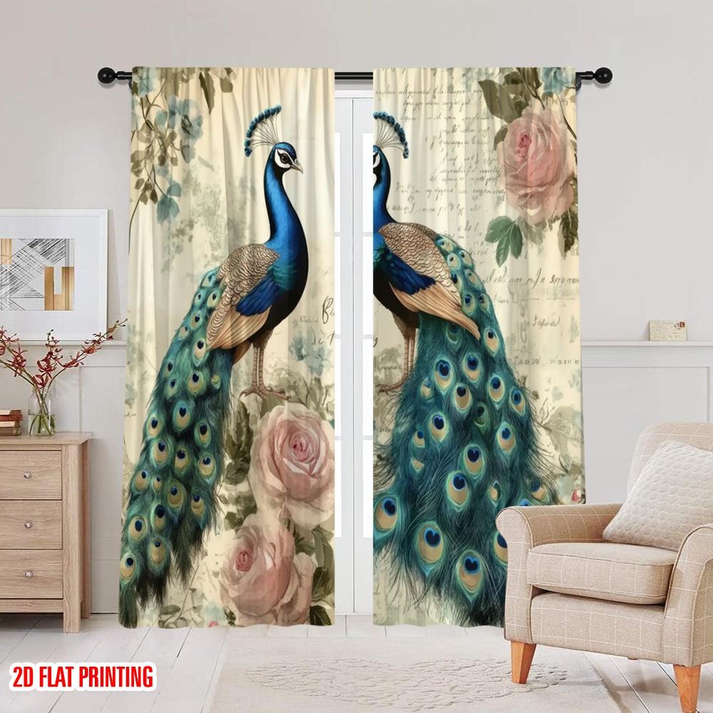 2Pcs,2D Plane Printing Light Filtering Curtains Peacock Elegance(3) Versatile Durable Polyester (Without Rod) Room Decor Ldeal