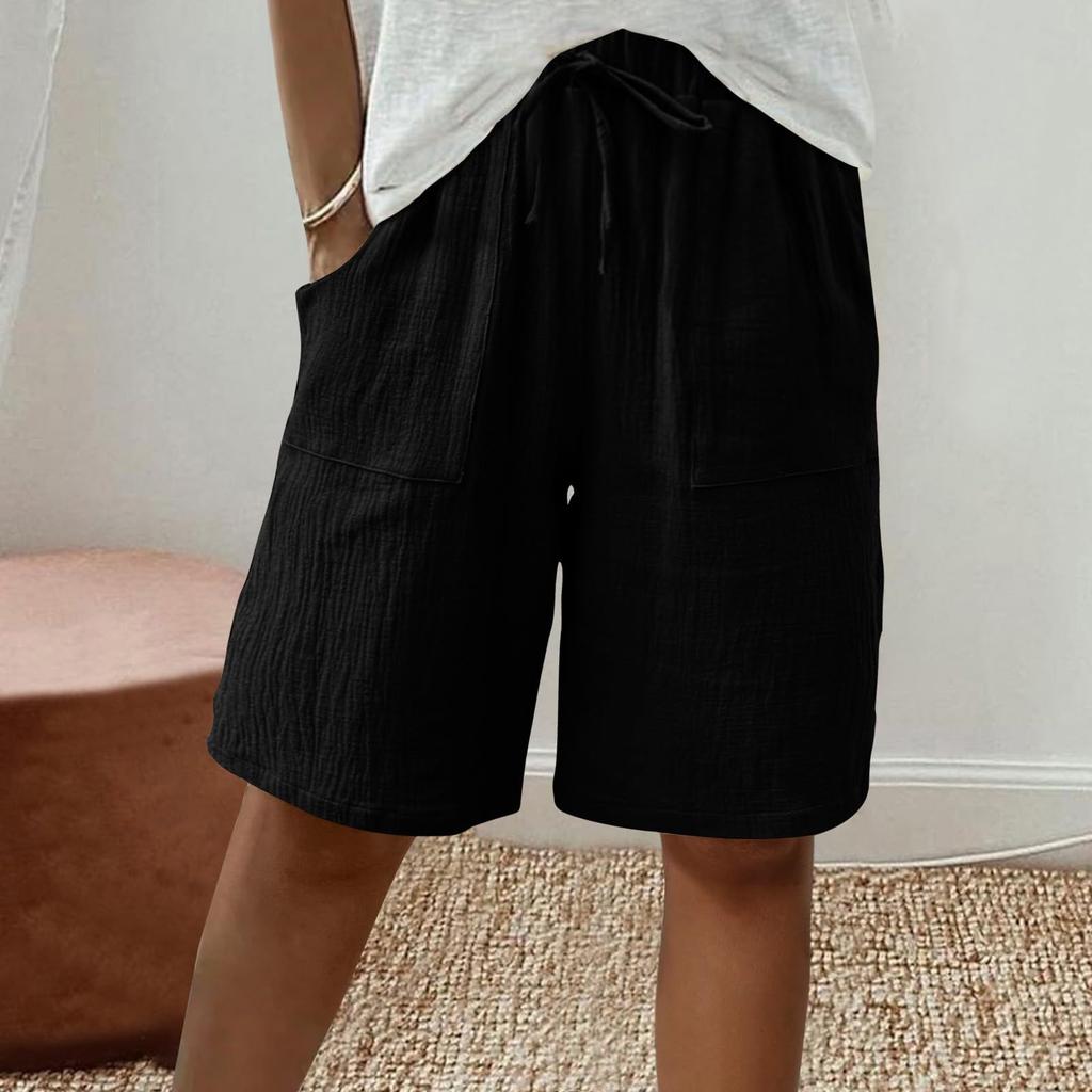 Women's Fashion Cotton-Linen Blend Pocket Elastic Waist Loose-Fit Casual Cropped Pants
