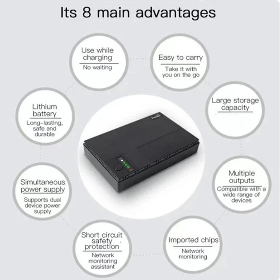 DC UPS Battery Backup 8800/10400mAh 5V 9V 12V 2A 15V 24V 1A Output Uninterruptible Power Supply 85‑265V UPS Battery Backup
