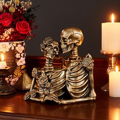 Vintage Gothic Para Szkielet Figurka Halloween Róża Czaszka Żywica Statua Rzeźba Domowe Biuro Dekoracja Pulpitu