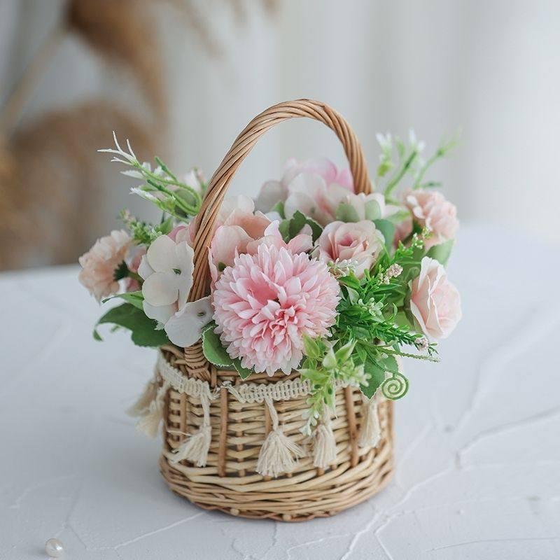 Korean Pastoral Silk Flowers In Handmade Woven Basket for Living Room or B&B Decor