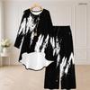 Women Plus Size Two Piece Set Round Neck Long Sleeve Black White Printed High Low Top Wide Leg Pants