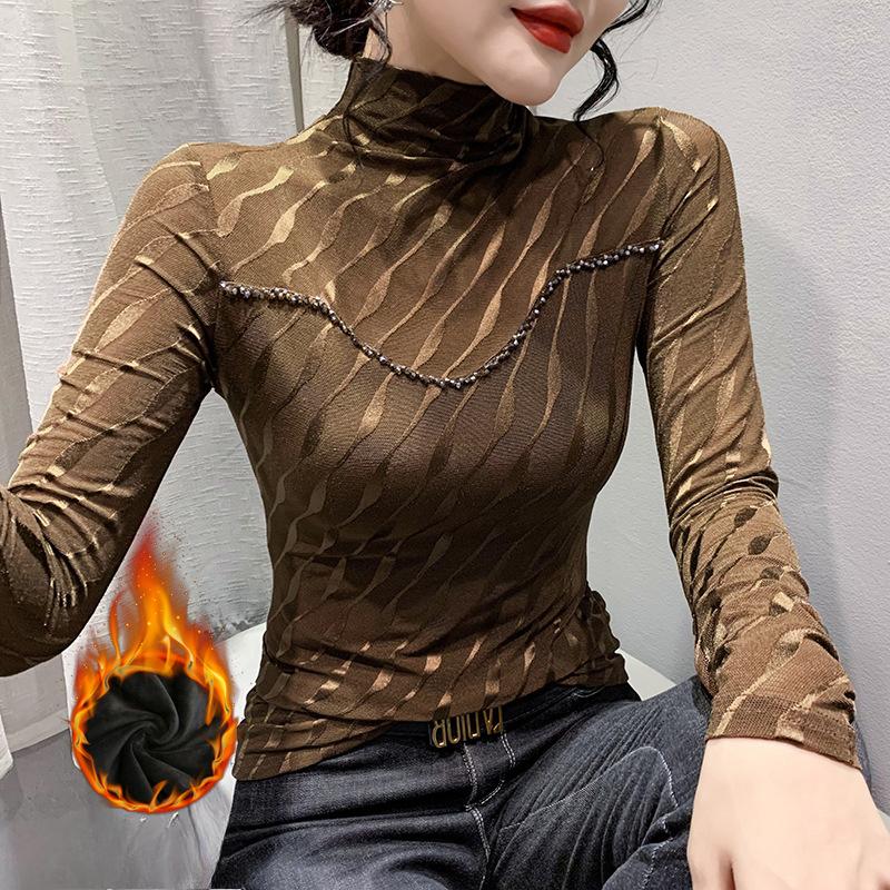 Autumn and Winter High-neck Mesh Beaded Long-sleeved T-shirt for Women, Slim and Fashionable Top Plus Velvet Warm Base Shirt