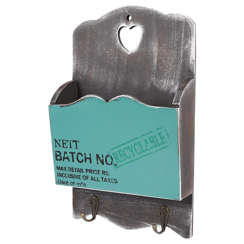 Wood Letter Rack Key Holder Wall Storage Creative Home Decoration with Hook Hanger Bluish Green