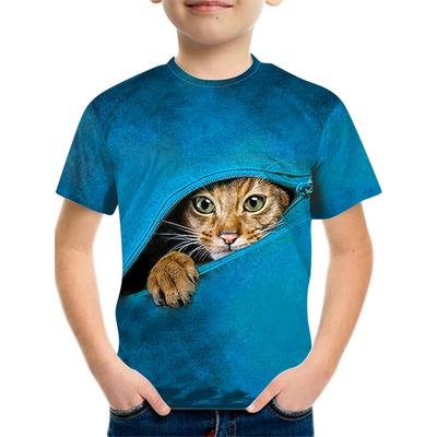 Maglietta per bambini con cerniera e grafica a forma di gatto, alla moda, a maniche corte, per bambini e bambine, con stampa 3D di animali, abbigliamento estivo per bambini
