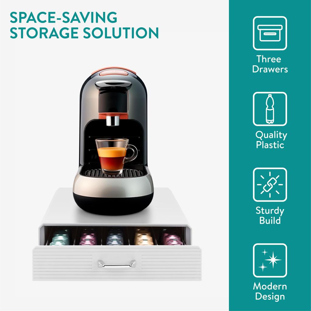 Navaris Capsule Holder Drawer Storage Coffee Capsules Espresso Machine Storage Case Rack Drawer Storage Slim White - - 40.1x23.6x5.8cm