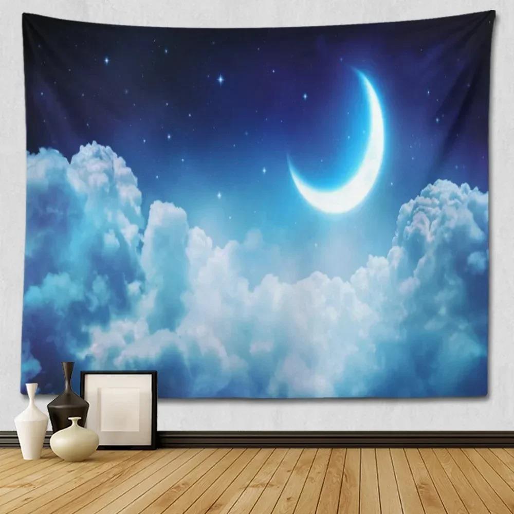 Suitable For Bedroom Wall Decoration Starry Sky Moon Tapestry Blue Starry Night Galaxy Universe Large Fabric Wall Hanging