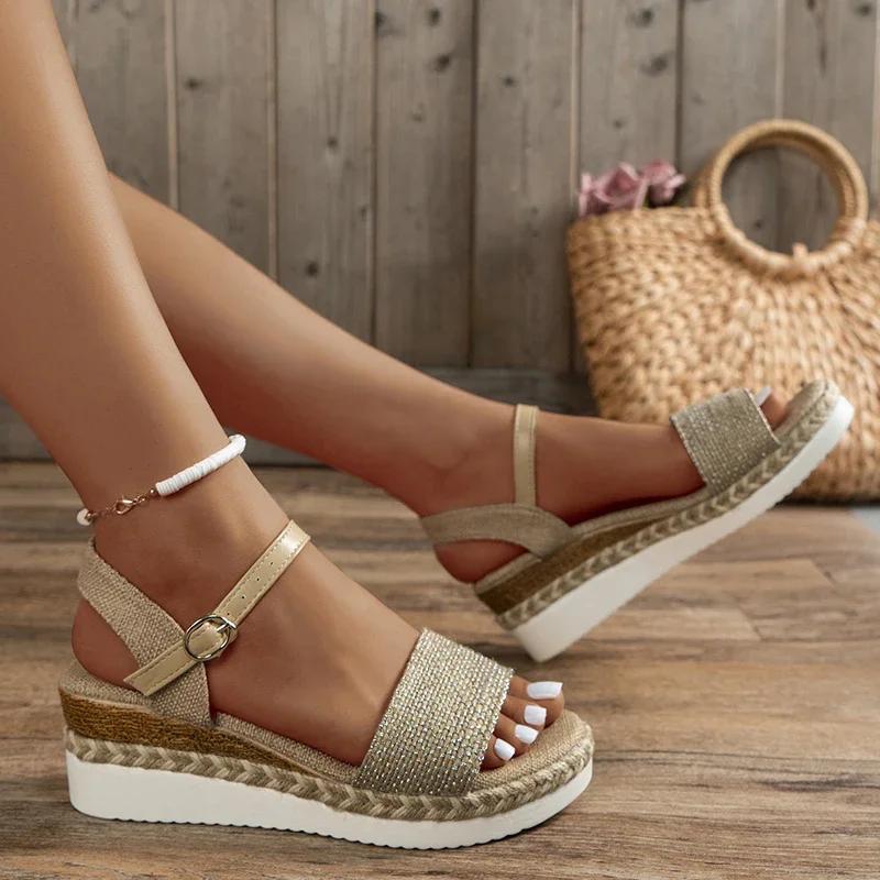 Fashion Canvas Espadrilles Wedge Sandals for Women 2025 Summer Casual Ankle Strap Platform Sandles Woman Thick Sole Non Slip Beach Shoes
