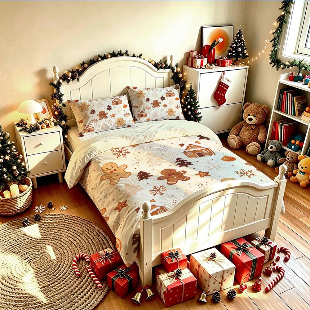 3PCS Duvet Cover Set Christmas Gingerbread Man Christmas Tree Cabin Xmas Bedding Set Holiday Bedroom Decor