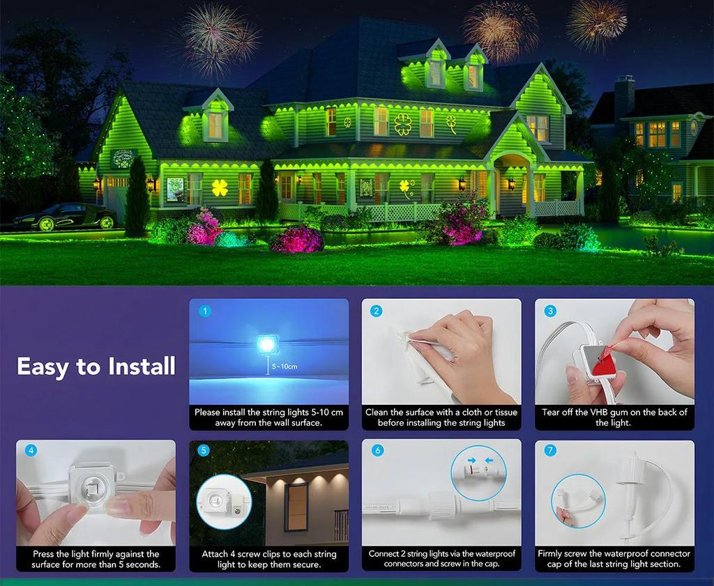 MIMIRGB Permanent Outdoor Lights Smart RGBIC Eaves LED Lights Festival Flashing Lighting Fairy String for Holiday Decorations