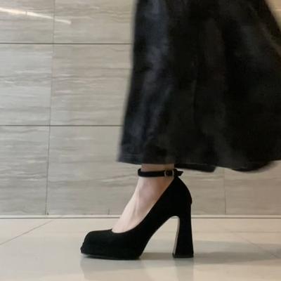 Mary Jane High Heels Niche Square Head One-word Buckle Strap Thick Heel Not Tired Feet Waterproof Table Shallow Mouth Single Shoes