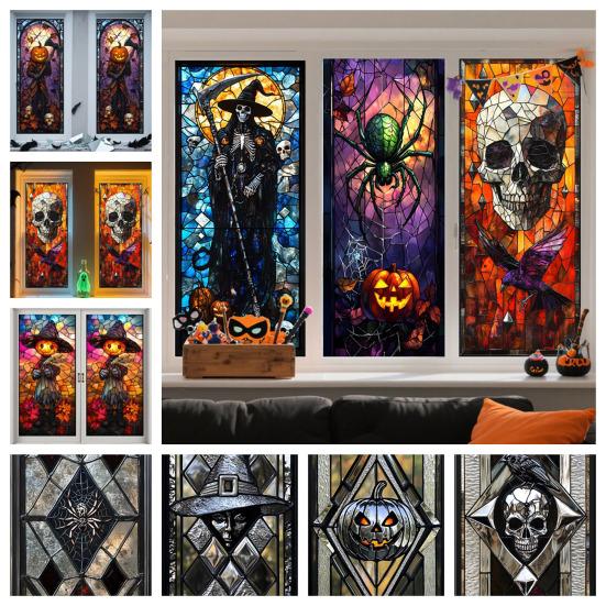 Halloween Window Cling Waterproof PVC Skull Spider Pumpkin Witch Grim Reaper Static Glass Sticker Home Office Party Decoration Decal
