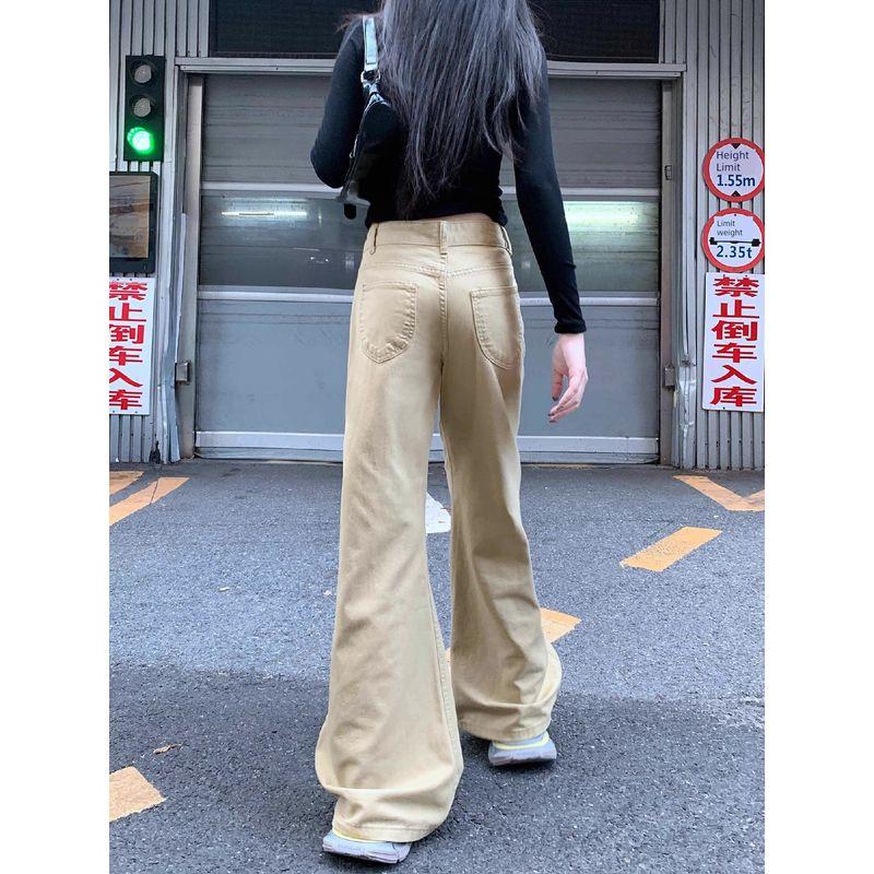 Kumikumi Retro Khaki Mid-Low Waist Bell-Bottom Pants Denim Women's Clothing Autumn Niche Style Chic Slimming Trousers