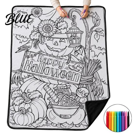 Regali di Arteterapia per Donne Halloween Coperta da Colorare Fai-da-Te con 24 Pennarelli Coperta da Lanciare da Colorare da Soli Artigianato per Alleviare lo Stress Coperta per Adulti Fantasma