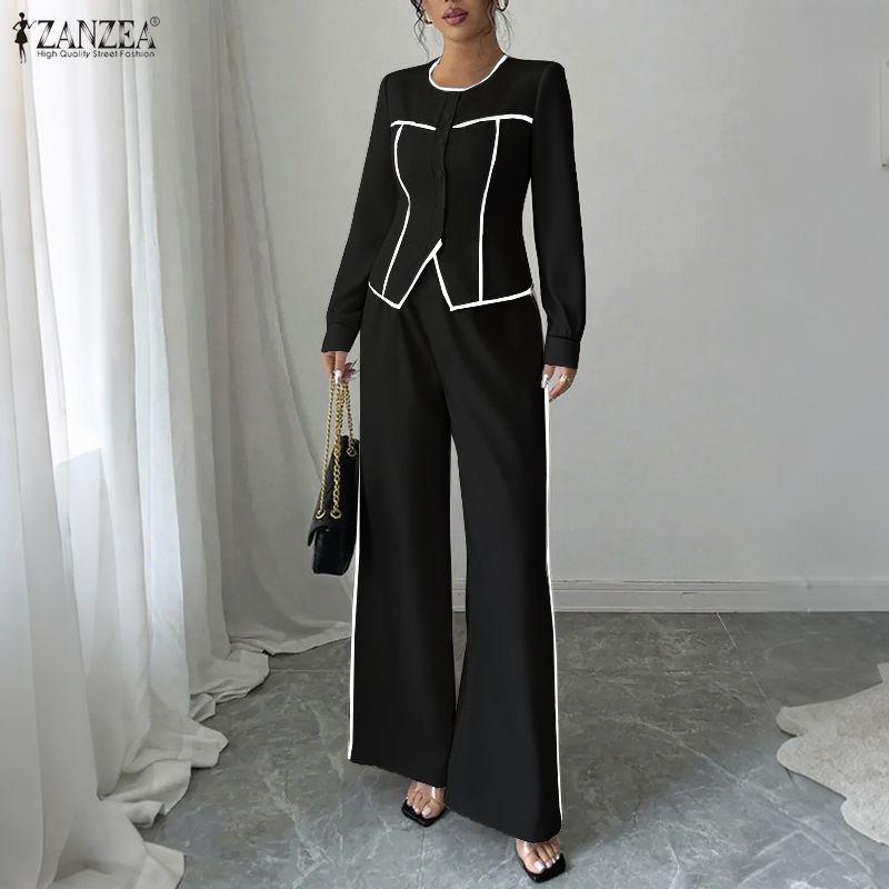 ZANZEA Damen Langarmbluse und Hose Elegante zweiteilige Anzugsets