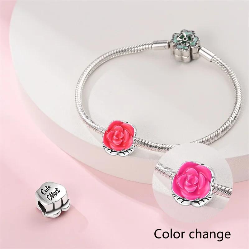 Charms Original Copper Plated Romantic Red Roses Beads Fit Bracelet Diy Fine Gift Women Delicate Jewelry Accessory