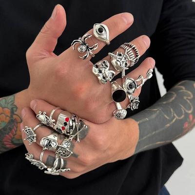 Salircon 21 Pcs Goth Creative Skull Spider Stack Ring Men Vintage Punk Silver Color Ring Street Party Jewelry Accessories Gift