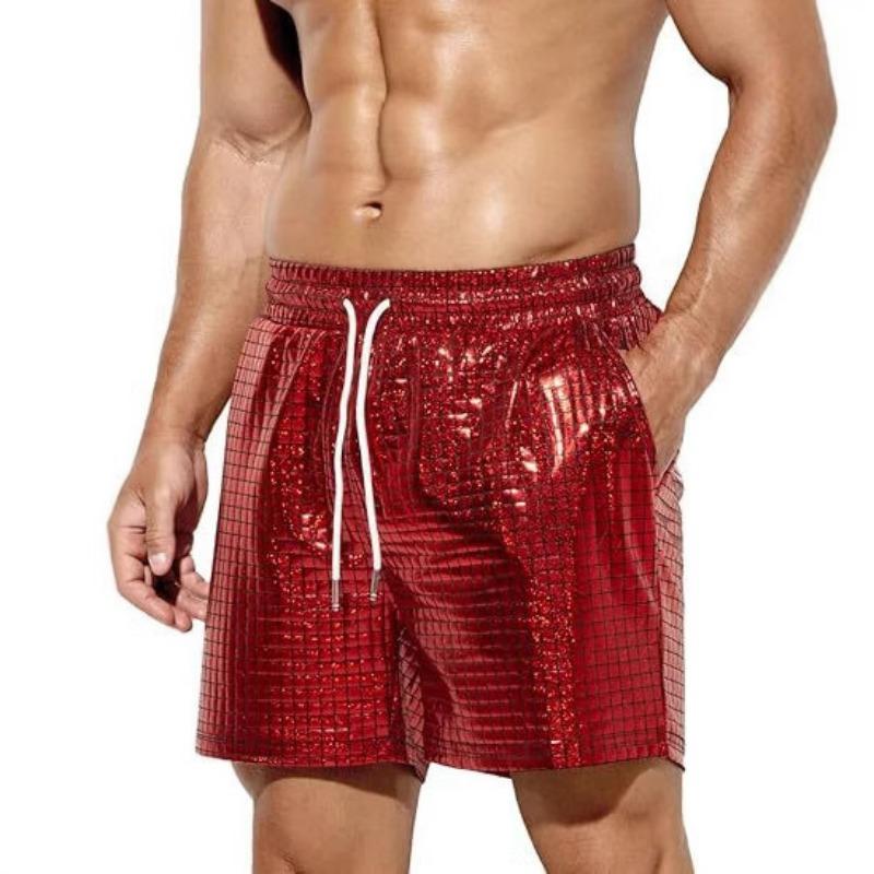 

New Plaid Glossy Stage Shorts Men s Casual European and American Performance Shorts Men s Beach Casual Pants M красный