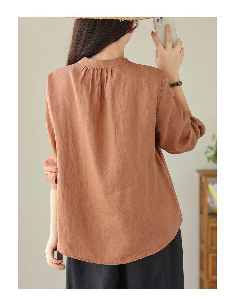 Jesienna Bawełniano-Lniana Koszulka z Długim Rękawem: Literacki, Retro, Odchudzający, Luksusowy Damski Top.