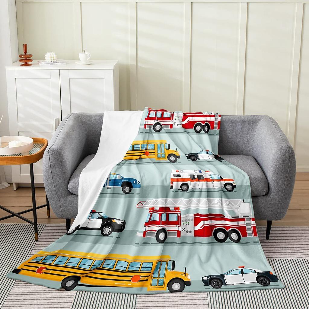 Cartoon Fire Engine Digital-printed Polyester Bedroom Velvet Flannel Cover Blanket Fleece Soft Sofa Cover Blankets for Beds