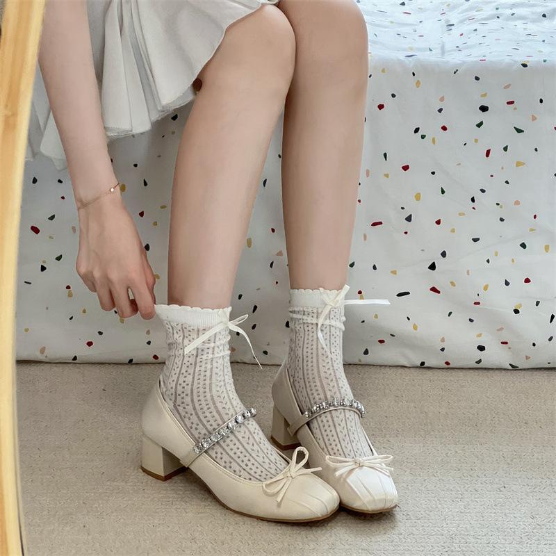 

Rhinestone word with thick heel Mary Jane shoes women s pleated square head bow 2025 new shallow high heel single shoes women 40