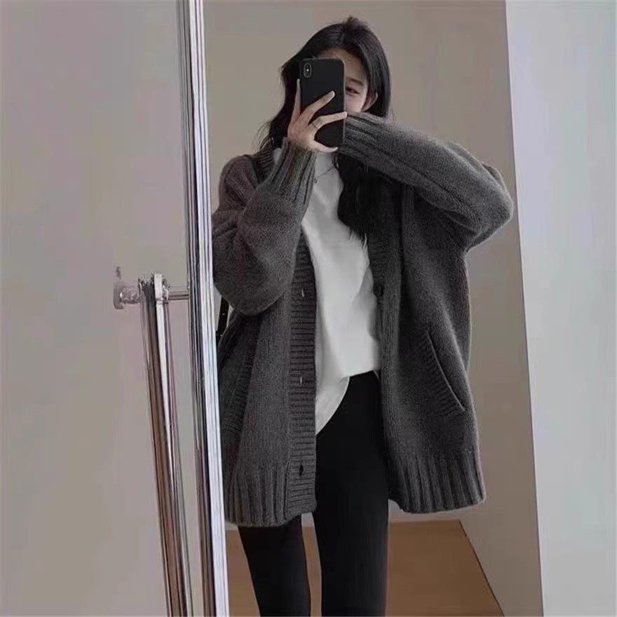 Women's V-Neck Pure Wool Mid-Length Cardigan Coat, Elegant Gray - Autumn/Winter Style