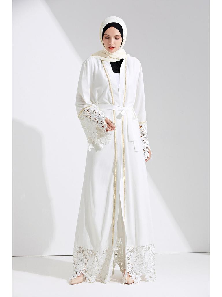 Vit Spets & Pärla Dubai Kofta med Bälte - Mellanösternklänning