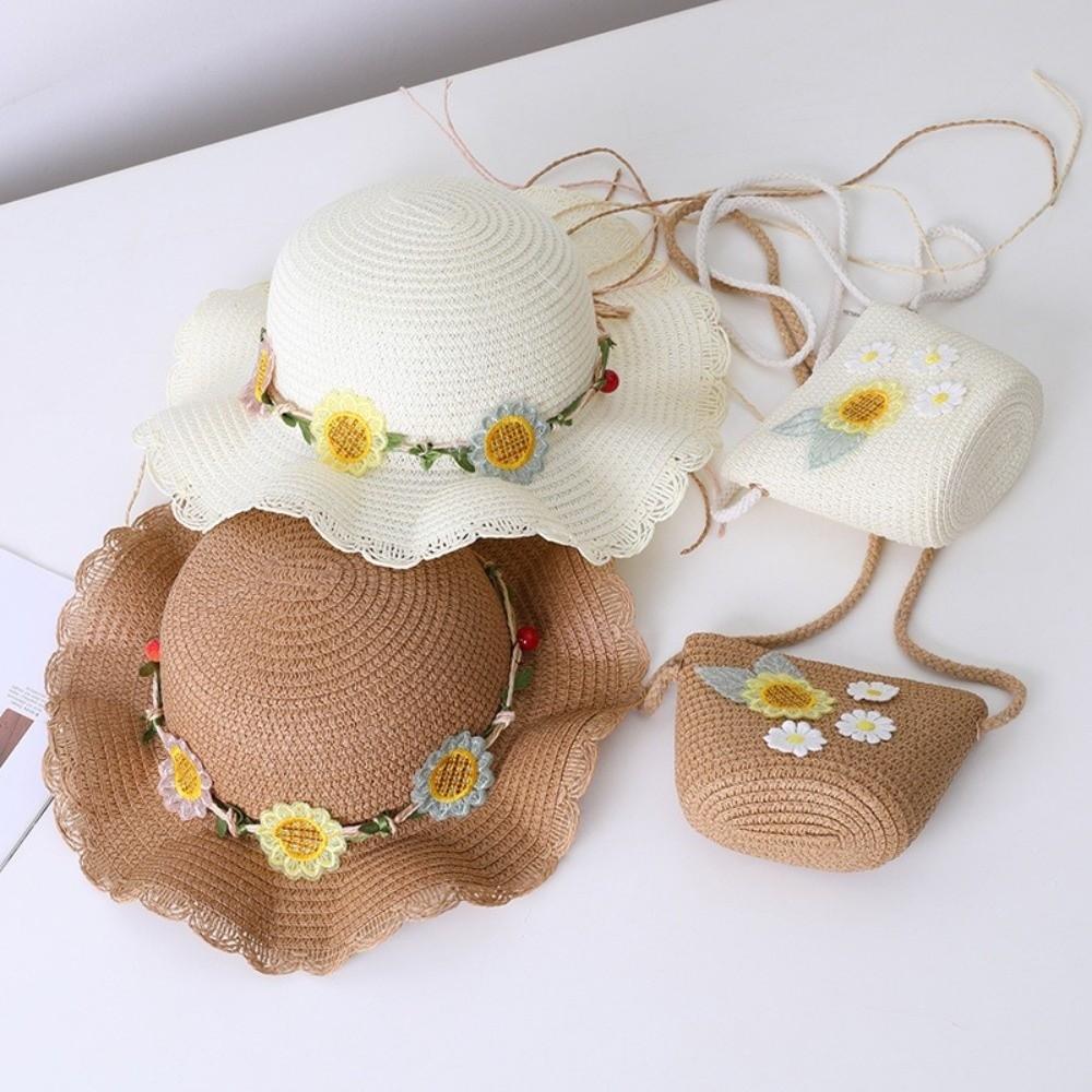 Small Daisy Children Beach Straw Hat Wide Brim Fisherman Hat Outdoor Straw Bag Cap Set  Summer