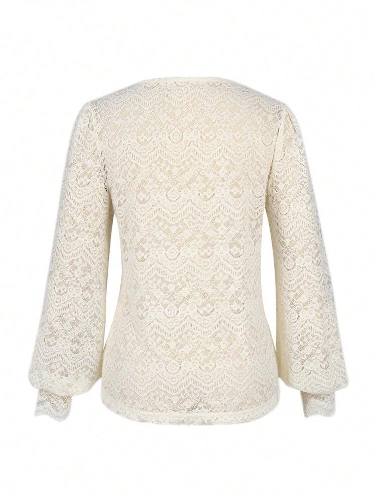 2025 Women's Casual Elegant V-Neck Lace Button Top with Sleeves