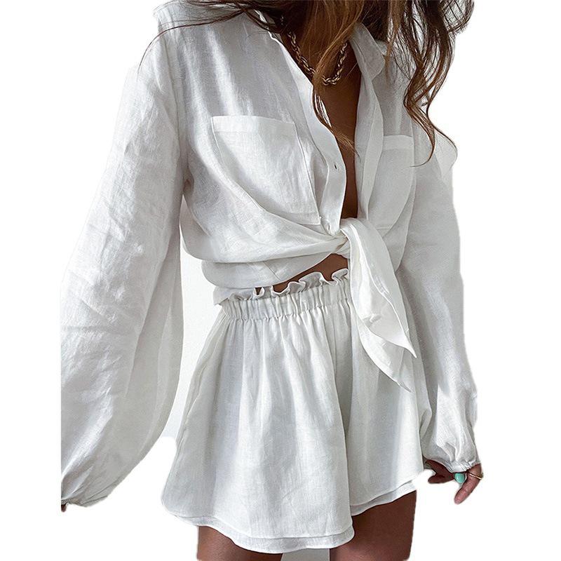 2026 Spring Women's Lace-up Solid Color Casual Top and Shorts Set