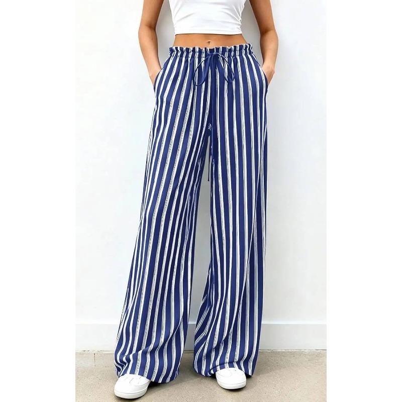 Women Striped Loose Commuting Casual Elastic Waist Wide-Leg Trousers
