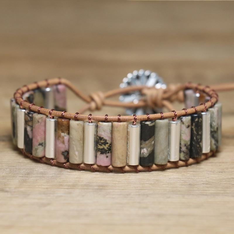 

Rhodonite Mixed Stone Tube Wrap Bracelet – Silver Accent Leather Boho Jewelry, Love Grounding Gift for Men Women чорний