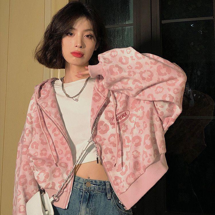 Women's Hooded Long Sleeve Sweatshirt Loose Fit Retro Leopard Print Zip Up Cropped Jacket