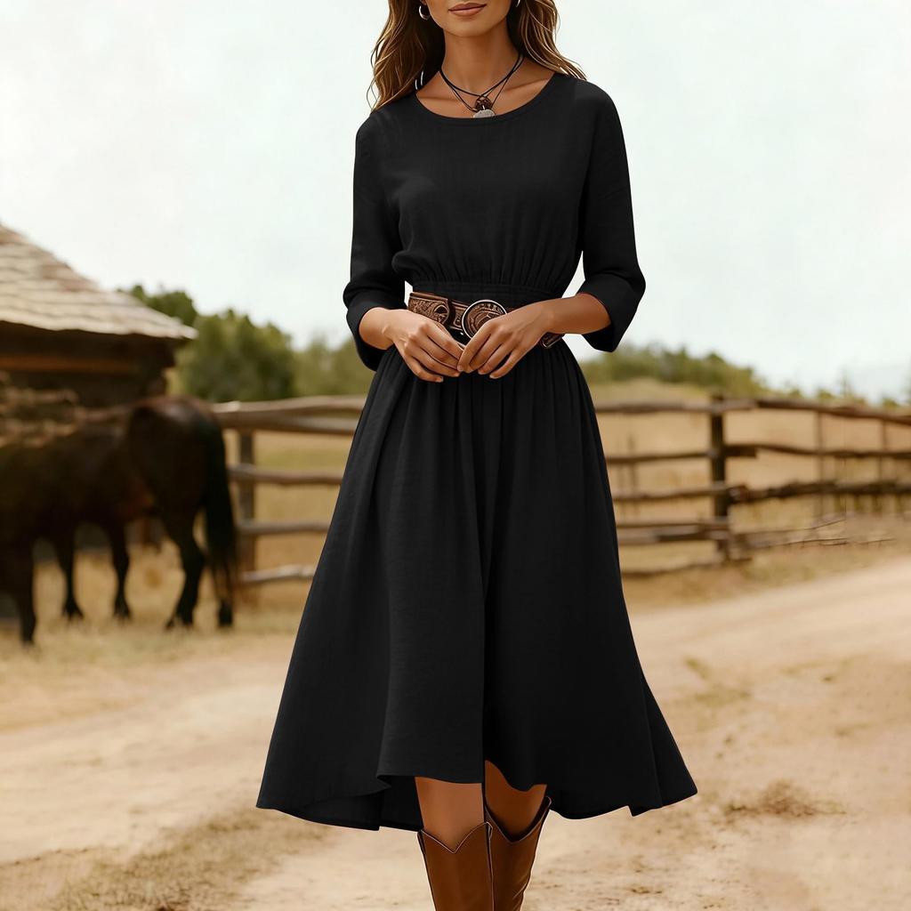 Damen Mode Rundhals Langarm Tailliert Lässig Baumwoll-Leinen-Mischung Kleid