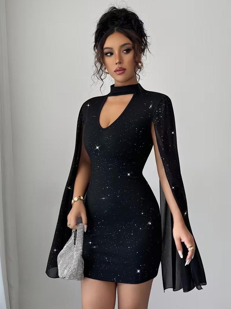 European & American Women's Shiny Halter Dress: Sexy Bodycon with Low Neck and Lantern Sleeves for Parties