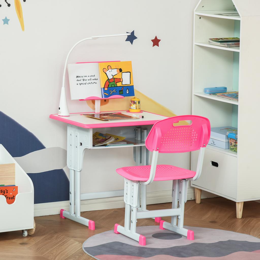 Scrivania e Sedia per Bambini Set Altezza Regolabile Studio Tavolo Set con Cassetto, Supporto per Libri, Portapenne - Rosa