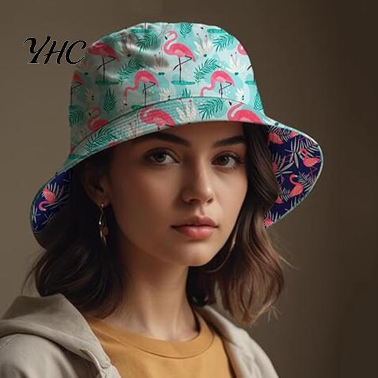 Teen Size Bucket Hat Fisherman Flamingo Printing Unisex Sun Double-sided Travel Camping Cap UV Protection Foldable Short Brim Outdoor Activities