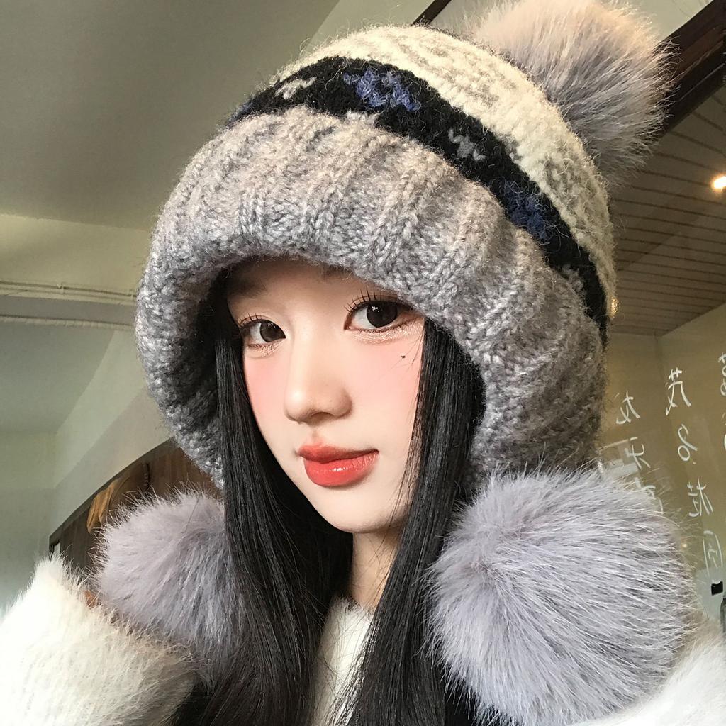 Fair Island Gray Jacquard Hairball Knitted Hat Women's Winter Thickened Warm Ear Protector Hat Small Face Cold Wool Hat