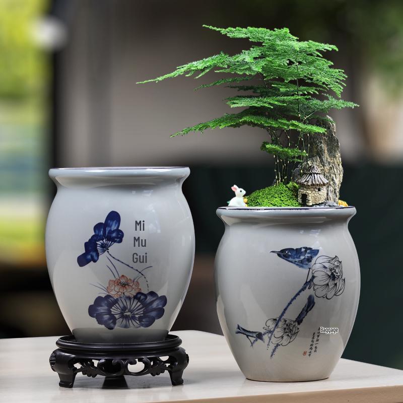 Blue & White Porcelain Flower Pot with Tray for Asparagus Fern, Money Tree, Orchid, Succulents & Bonsai