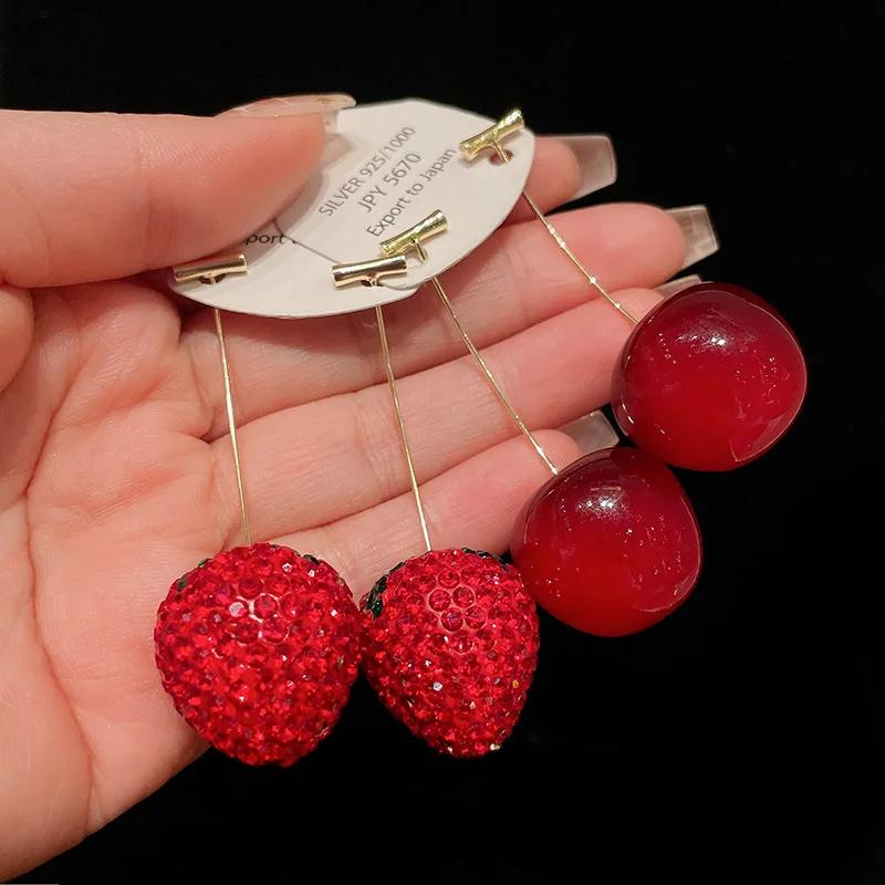 Fashion Sweet Red Resin Strawberry Cherry Drop Earrings For Women Cute Lovely Acrylic Fruit Earrings Zircon Accessories