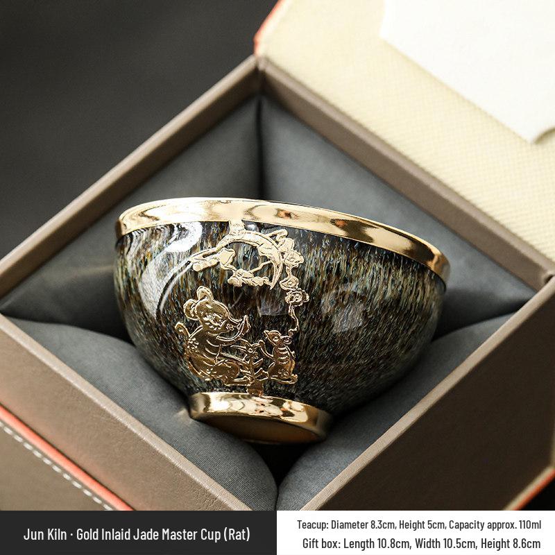 Gold Inlaid Jade Jianzhan Zodiac Tea Cup - Ceramic Gongfu Tasting Cup 110ml