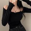 Korea New Style Pure Desire Sexy Off-The-Shoulder Two-Piece Illusionslims Women's Long Sleeve T-Shirt Versatile Smoot