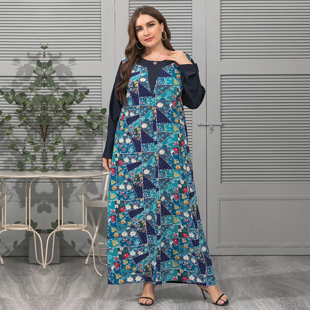 Frühling Sommer Plus Größe Damen O Neck Print Spleißen Elegante Lose Langarm Kleid XL-4XL